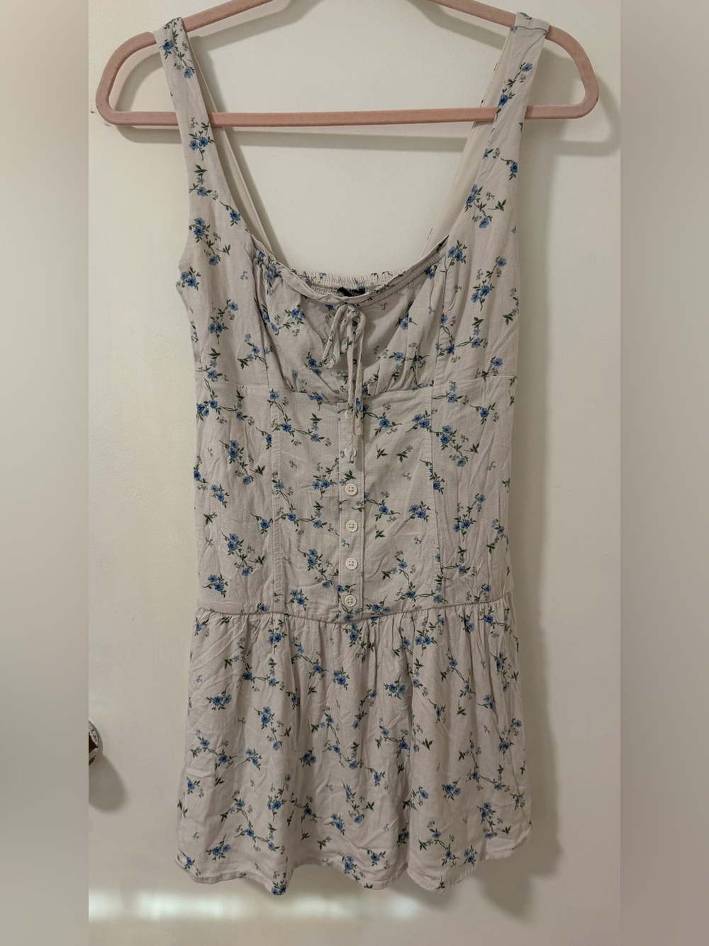 Womens Tie-Front Sundress in Light Cream with Blue Floral Accents